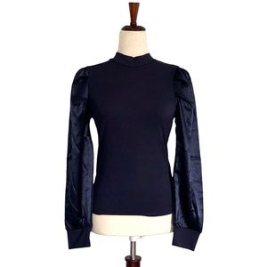 SHEIN Women’s High Neck Long Puff Sleeve Mixed Material Top, Navy Blue Size 6
